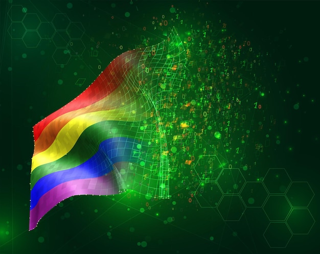 Bandiera 3d di vettore gay arcobaleno su sfondo verde con poligoni e numeri di dati