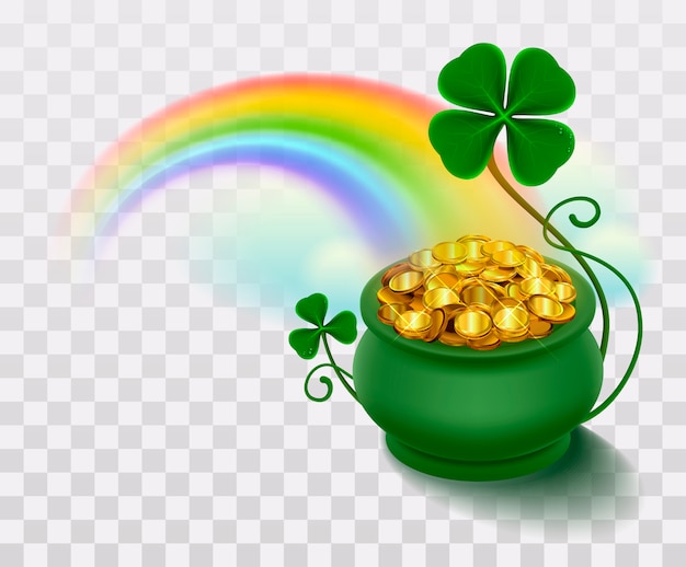 Vector rainbow, green leaf lucky clover and pot full of gold