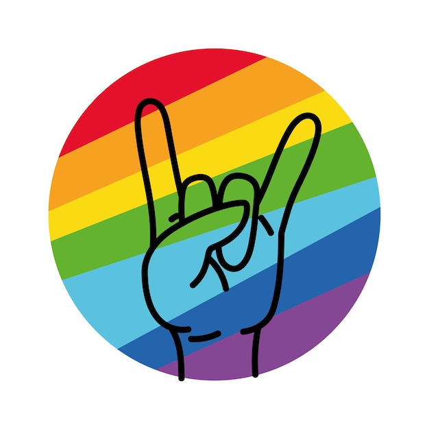 Vettore vettore del segno di amore della mano dell'arcobaleno. gesto della mano di roccia su sfondo arcobaleno. logo della comunità lgbt. isolare il vettore di simbolo di roccia