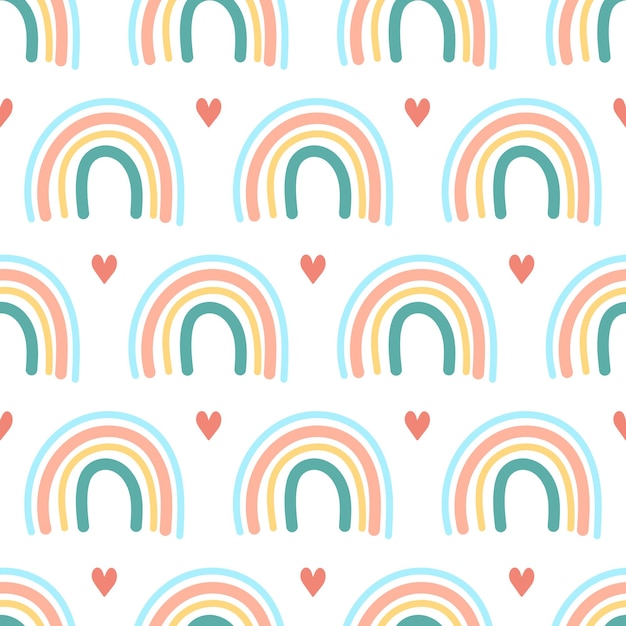 Rainbow and heart hand drawn seamless pattern