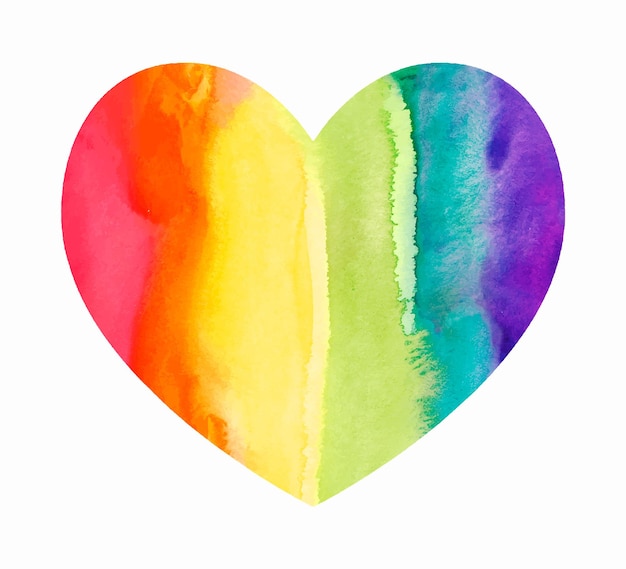 수채화로 그린 무지개 하트. 페인트의 부드러운 전환. LGBT를 지원합니다. 인권. 엽서, 포스터 및 모든 디자인. 벡터 밝은 다채로운 그림.
