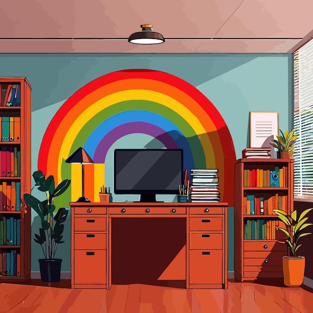 Vector rainbow inside office showing corporate diversity and inclusiveness in business