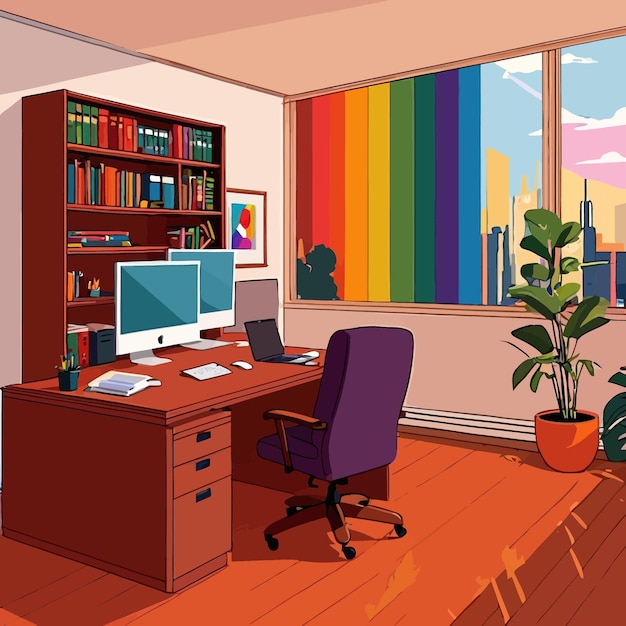 Vettore l'ufficio interno dell'arcobaleno mostra la diversità aziendale e l'inclusività nelle attività commerciali
