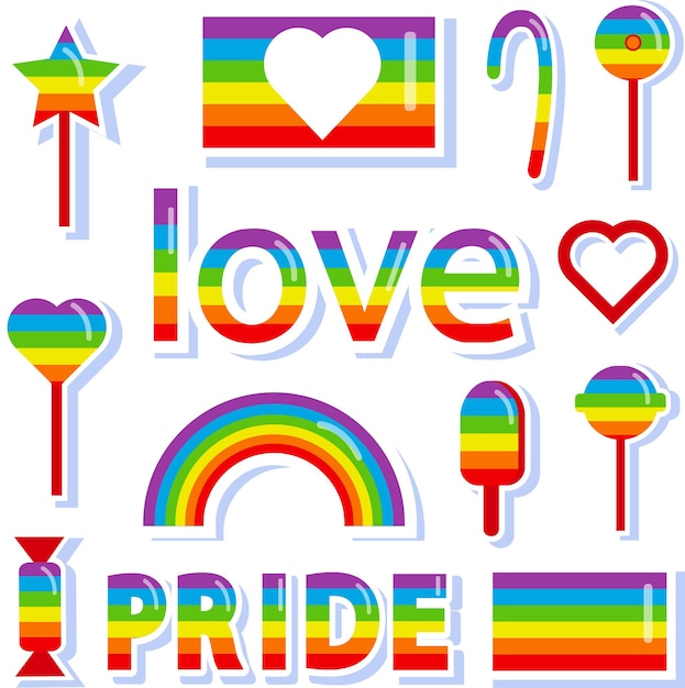 Rainbow lgbt + pride-badges geassocieerd met lgbt + -symbolen. liefde, regenboog, vlag en regenbooglolly's. fel gekleurde stickers. op een witte achtergrond.