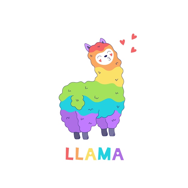 Радужная лама, красочные иллюстрации на белом фоне.