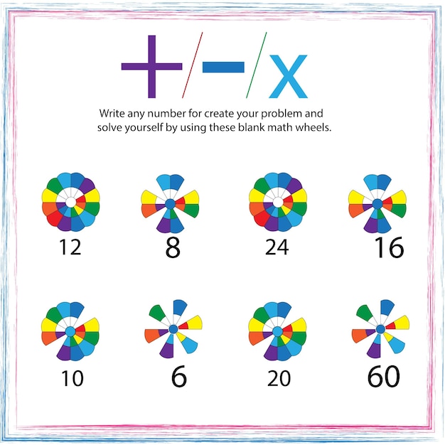 Vector rainbow math wheel kids-bundel voor optellen, aftrekken, vermenigvuldigen.