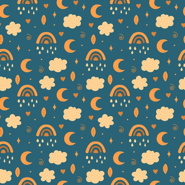 Rainbow, moon, clouds and stars pattern