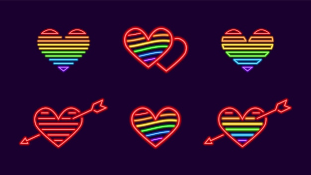 Vector rainbow neon hearts with arrow set