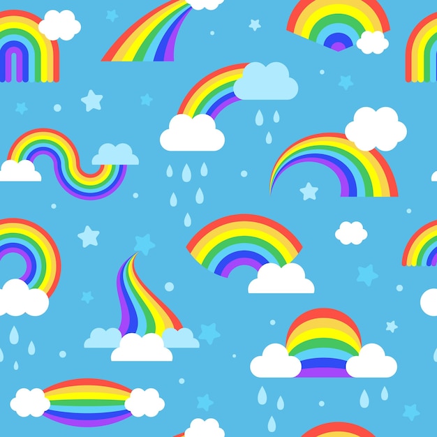 Vector rainbow pattern colored textile designs with weather rainbows in clouds recent vector seamless background