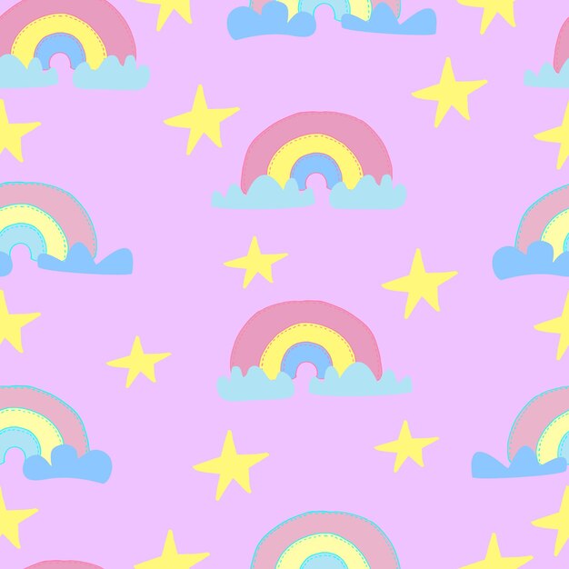 Rainbow pattern with clouds and stars Vector seamless pattern for kids fabrics clothes wallpaper nursery