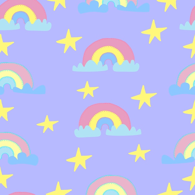 Rainbow pattern with clouds and stars vector seamless pattern for kids fabrics clothes wallpaper nursery