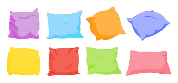 Vector rainbow pillow cartoon set. home interior soft textile. seven color square pillows template