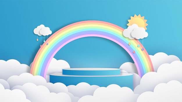 Rainbow podium with clouds on blue background