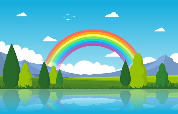 Vector rainbow above pond lake nature landscape scenery illustration