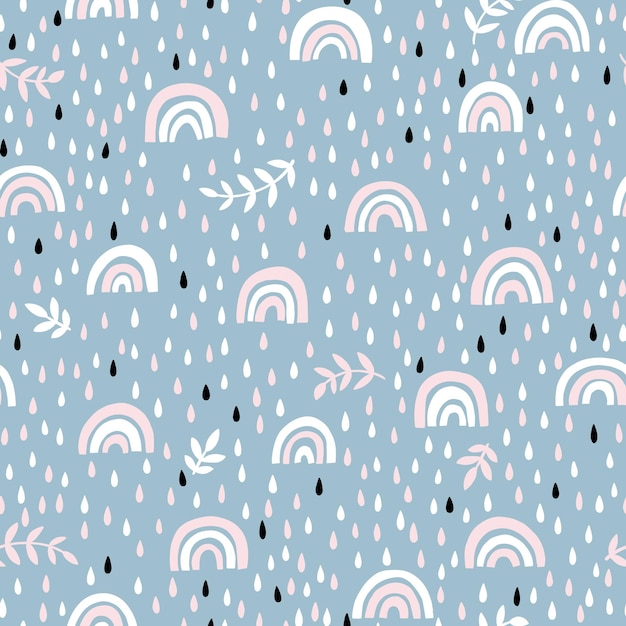 Rainbow and raindrops seamless pattern in pastel colors.