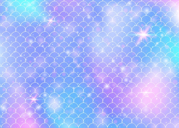 Sfondo di squame arcobaleno con motivo principessa sirena kawaii. banner a coda di pesce con scintillii e stelle magici. invito fantasia mare per party girlie. sfondo luminoso con squame arcobaleno.