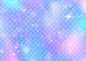 Rainbow scales background with kawaii mermaid princess pattern. fish tail banner with magic sparkles and stars. sea fantasy invitation for girlie party. bright backdrop with rainbow scales.