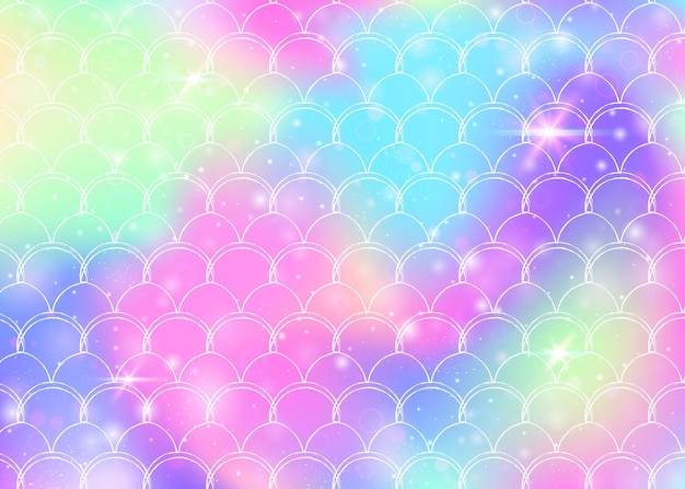 Rainbow scales background with kawaii mermaid princess pattern.