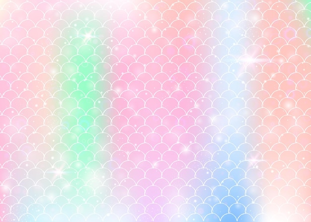 Vector rainbow scales background with kawaii mermaid princess pattern.