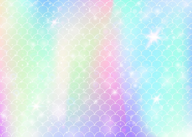 Rainbow scales background with kawaii mermaid princess pattern