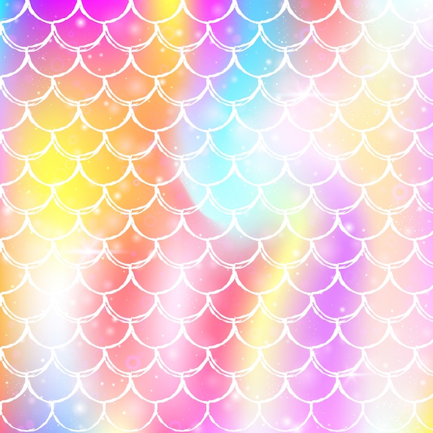 Rainbow scales background with kawaii mermaid princess pattern.