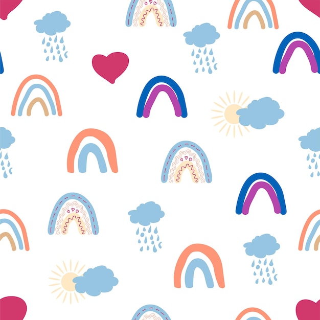 Rainbow seamless pattern in pastel colors Scandinavian baby hand drawn illustration perfect for textiles