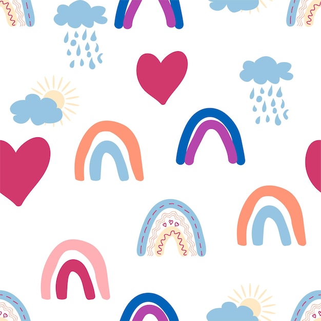 Rainbow seamless pattern in pastel colors Scandinavian baby hand drawn illustration perfect for textiles