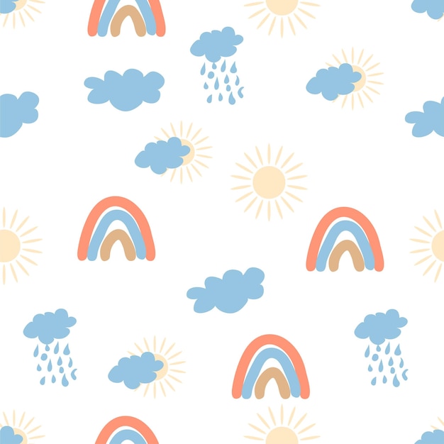 Rainbow seamless pattern in pastel colors Scandinavian baby hand drawn illustration perfect for textiles