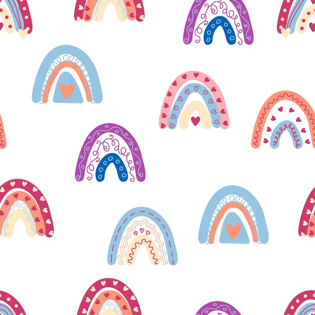 Rainbow seamless pattern in pastel colors Scandinavian baby hand drawn illustration for textiles and newborn clothes