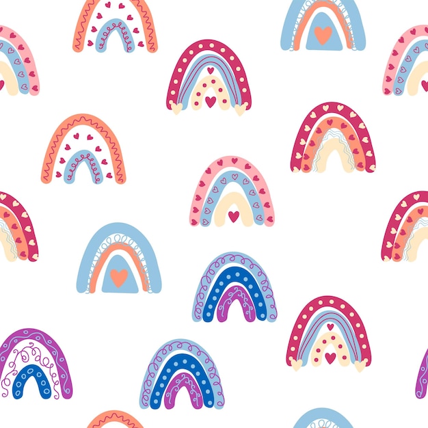 Rainbow seamless pattern in pastel colors Scandinavian baby hand drawn illustration for textiles and newborn clothes