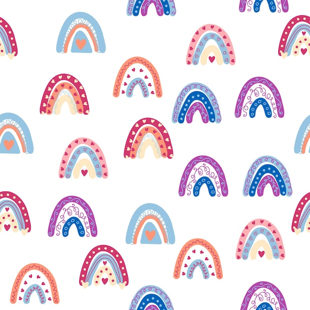 Rainbow seamless pattern in pastel colors Scandinavian baby hand drawn illustration for textiles and newborn clothes