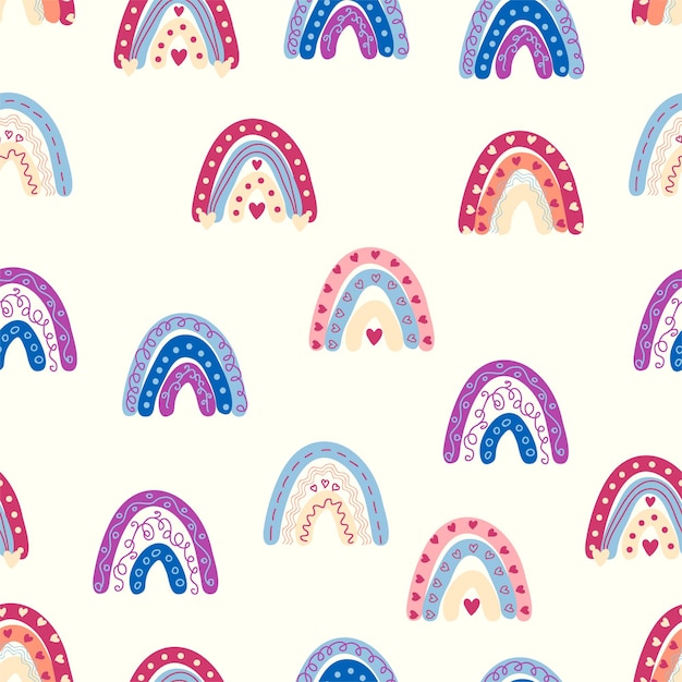 Rainbow seamless pattern in pastel colors Scandinavian baby hand drawn illustration for textiles and newborn clothes