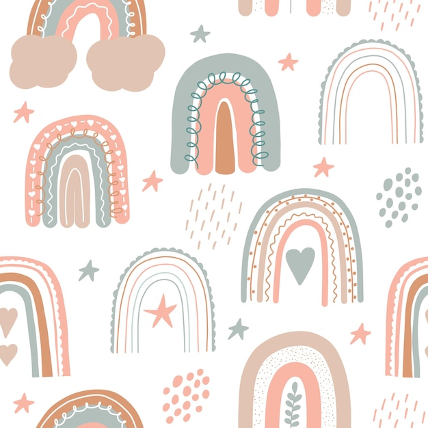 Vector rainbow seamless pattern scandinavian print for nursery room kids pastel doodle handdrawn