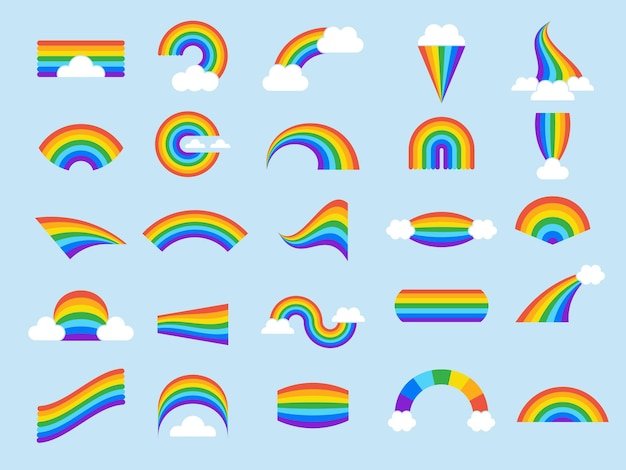 Rainbow set stylized curves colored rainbow lines in clouds weather natural rain elements recent vector illustrations collection