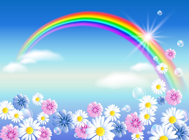 Rainbow in sky clouds with meadow flowers