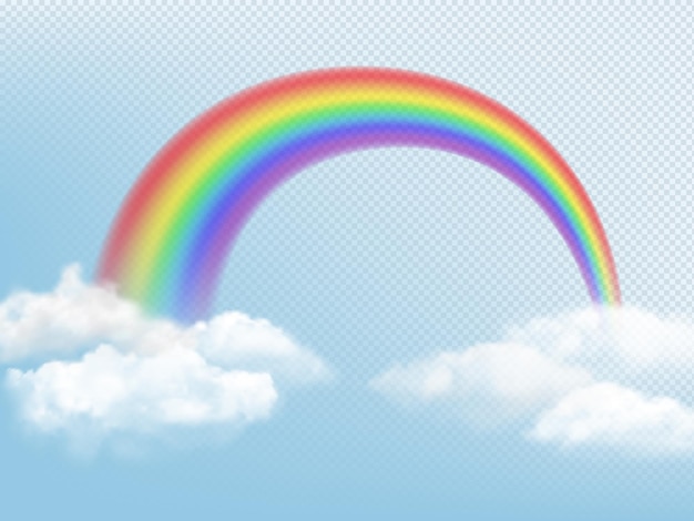 Arcobaleno nel cielo. fondo del tempo con le nuvole e l'arco colorato dell'immagine realistica di vettore dell'arcobaleno. illustrazione della decorazione della curva della luce della natura dell'arcobaleno
