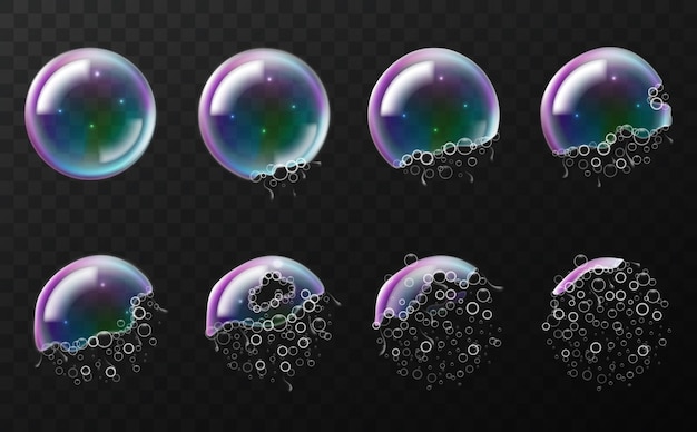 Rainbow soap bubbles explosion Realistic break stages 3d transparent flying balls time lapse burst moment bursting phases Glossy round foam spheres vector on black background set