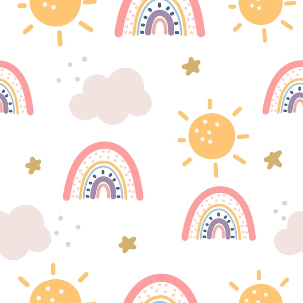 rainbow and stars seamless pattern on purple background. scandinavian style