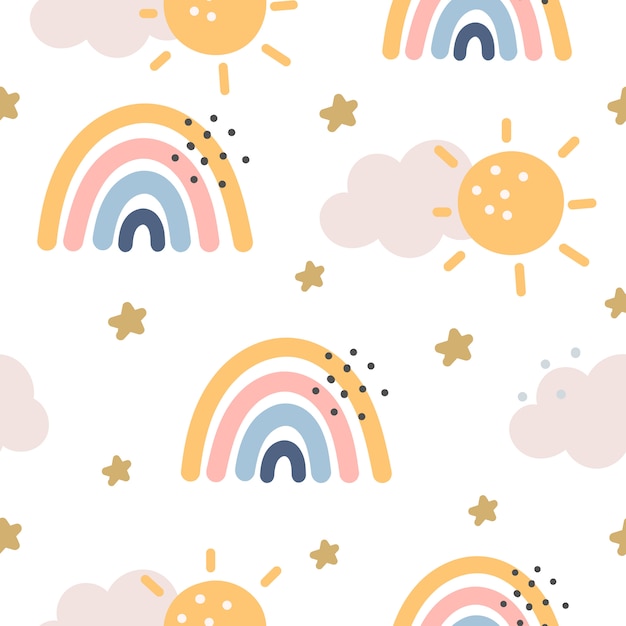 Rainbow and stars seamless pattern on purple background. scandinavian style