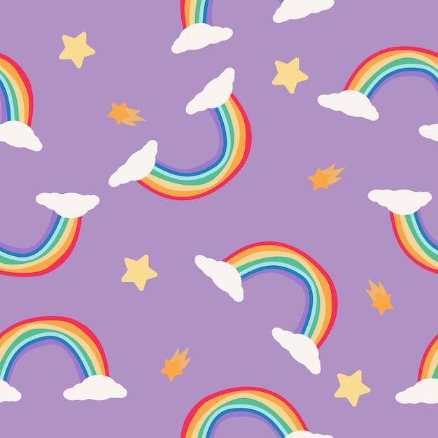 rainbow and stars seamless pattern on purple background. scandinavian style