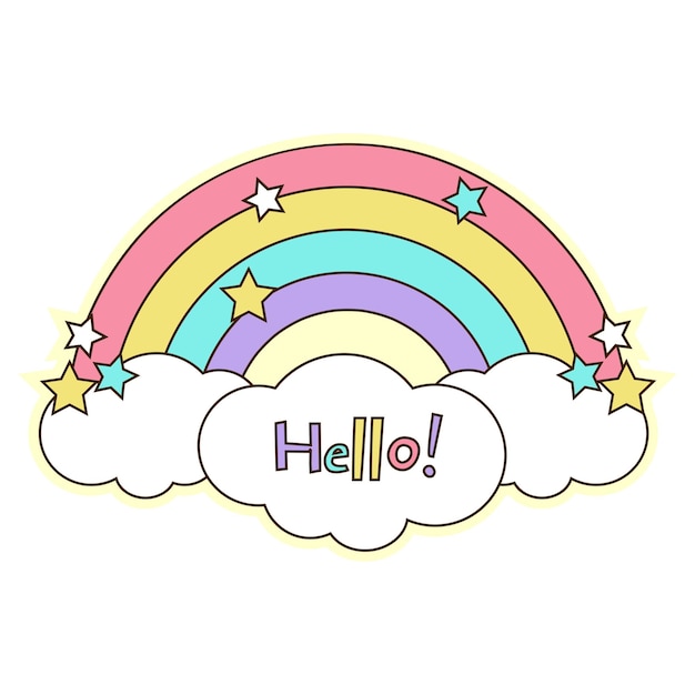 Rainbow sticker hello in cartoon style on isolated white background