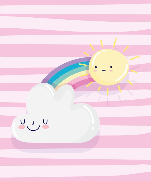 Rainbow sun cloud cartoon decoration pink stripes background vector illustration