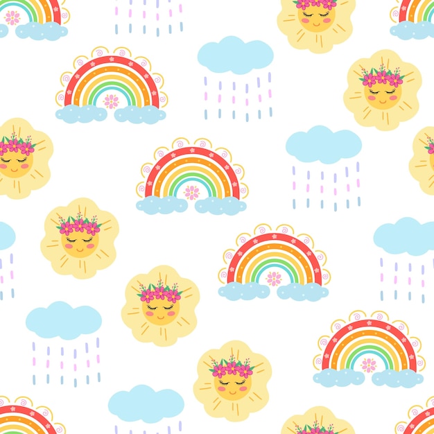 Rainbow sun rain seamless pattern Hand drawn illustration