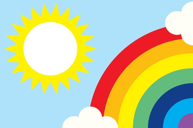 The rainbow and the sun show against the blue sky abstract pattern colorful cartoon graphics