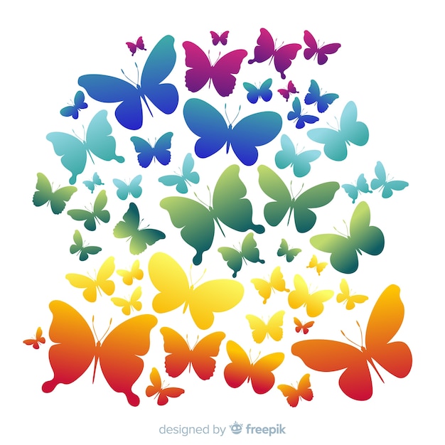Rainbow swarm butterfly silhouettes background