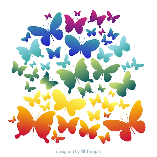 Vector rainbow swarm butterfly silhouettes background