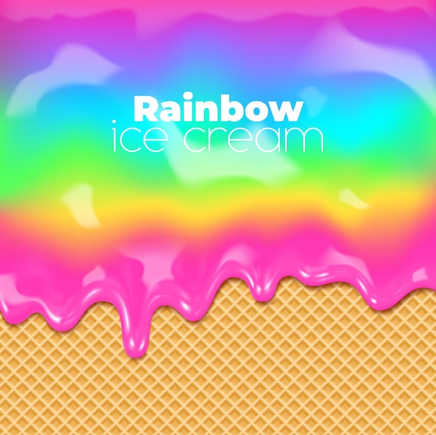 Vector rainbow sweet drip ice cream melt flow on waffle