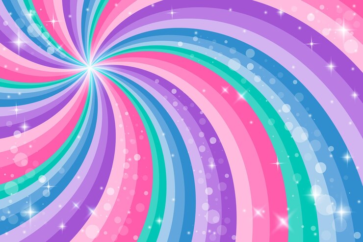 Vector rainbow swirl achtergrond met sterren. radiale gradiëntregenboog van gedraaide spiraal. vector illustratie.