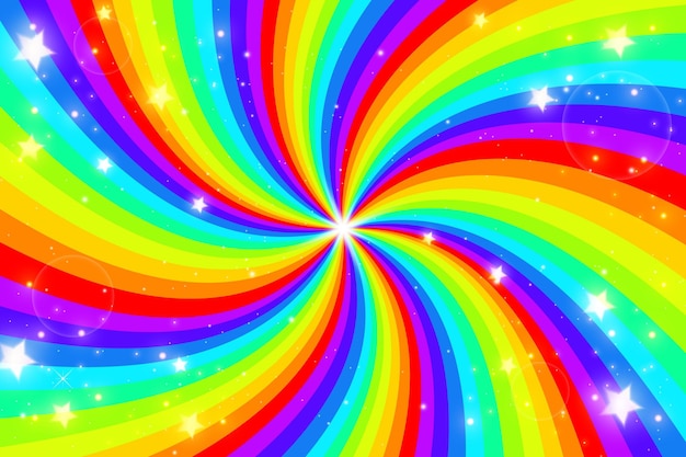 Vector rainbow swirl background with stars radial gradient rainbow of twisted spiral vector illustration