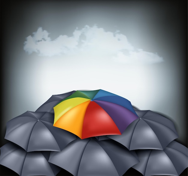 Rainbow umbrella in mass of black umbrellas